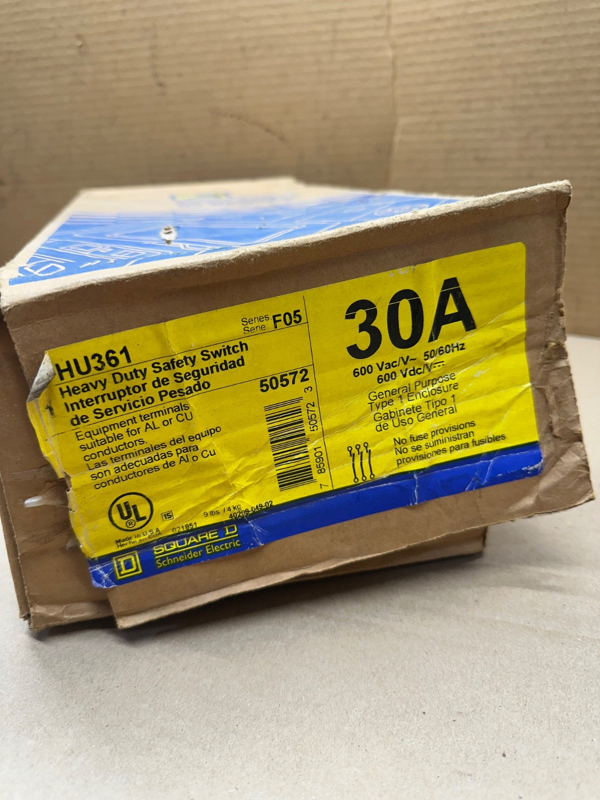 Square D HU361 Heavy Duty Safety Switch 30A 600V 3-Pole Non-Fusible NEMA 1 f05