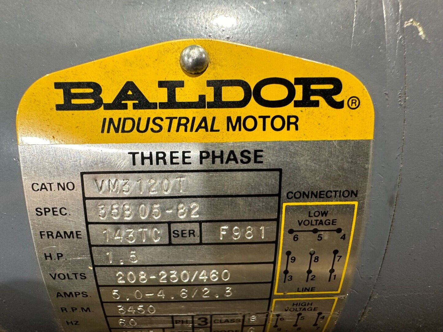 Baldor VW3120T 1.5HP 3450RPM NEW NOS 3 Phase 1.5 HP Electric Motor 35B05-82