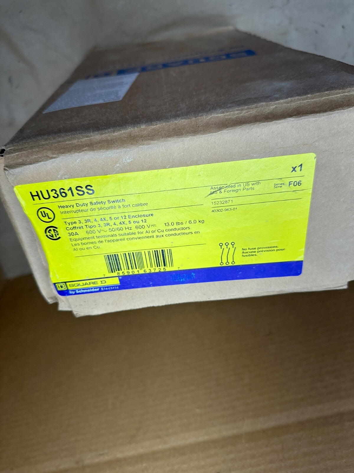 Square D Non-Fused Safety Switch HU361SS Stainless Steel 30A 600V NEW OPEN BOX